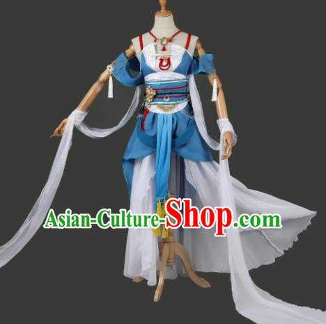 Traditional Chinese Cosplay Swordswoman Blue Hanfu Dress Ancient Peri Princess Costume for Women