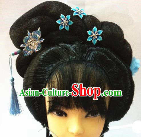 Chinese Traditional Beijing Opera Actress Hair Accessories Ancient Princess Wigs Sheath and Blue Hairpins for Women