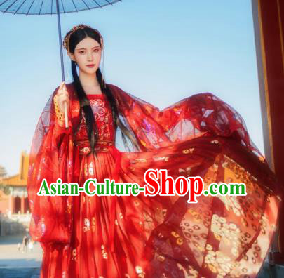 Chinese Ancient Peri Fairy Costumes Traditional Tang Dynasty Princess Embroidered Red Hanfu Dress for Women