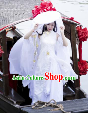 Traditional Chinese Cosplay Swordswoman White Hanfu Dress Ancient Peri Costume for Women