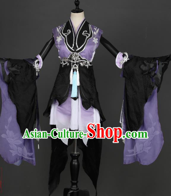 Traditional Chinese Cosplay Female Swordsman Purple Hanfu Dress Ancient Peri Costume for Women