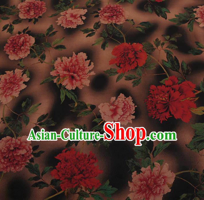 Chinese Traditional Cheongsam Brown Silk Fabric Palace Peony Pattern Jacquard Satin Plain Gambiered Guangdong Gauze