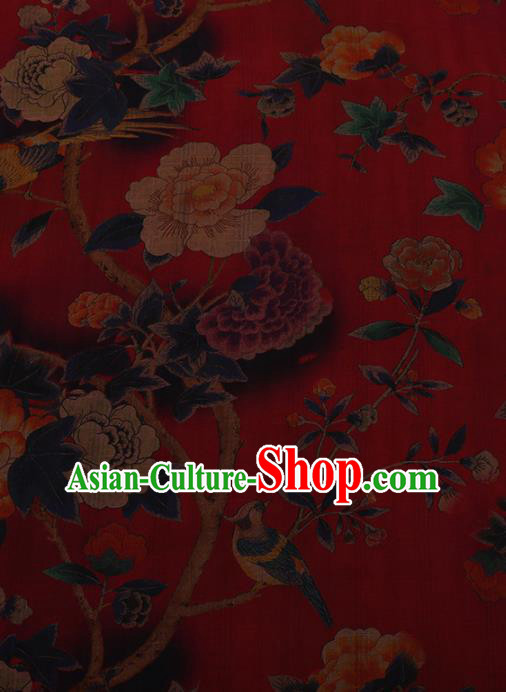 Chinese Traditional Cheongsam Drapery Red Silk Fabric Palace Peony Pattern Satin Plain Gambiered Guangdong Gauze