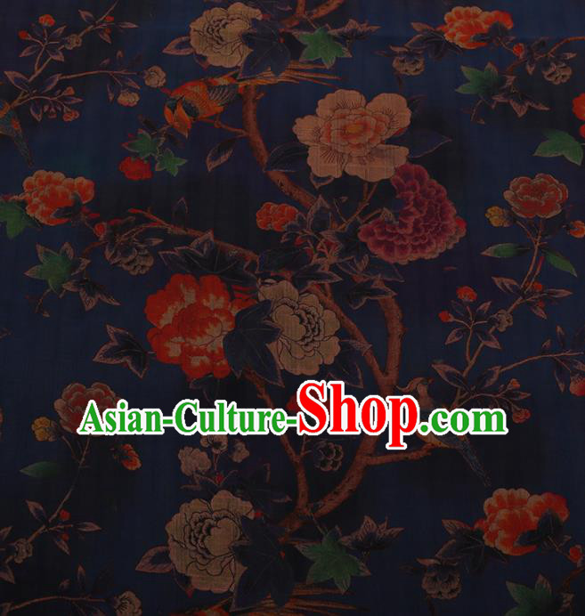 Chinese Traditional Cheongsam Drapery Navy Silk Fabric Palace Peony Pattern Satin Plain Gambiered Guangdong Gauze