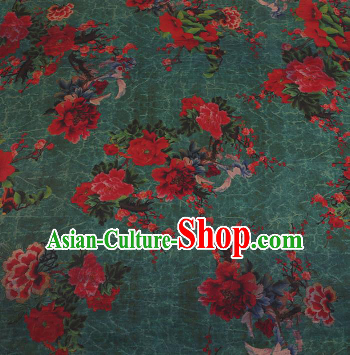 Chinese Classical Green Satin Plain Traditional Peony Pattern Cheongsam Drapery Silk Fabric Gambiered Guangdong Gauze
