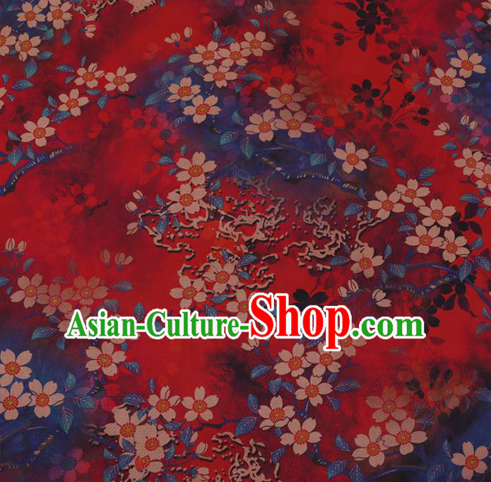 Chinese Classical Red Satin Plain Traditional Sakura Pattern Cheongsam Drapery Silk Fabric Gambiered Guangdong Gauze