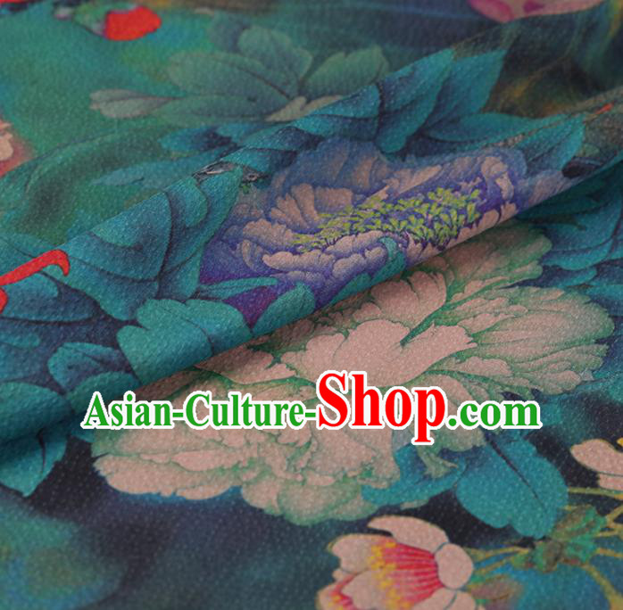 Chinese Traditional Cheongsam Drapery Green Silk Fabric Palace Lotus Peony Pattern Satin Plain Gambiered Guangdong Gauze
