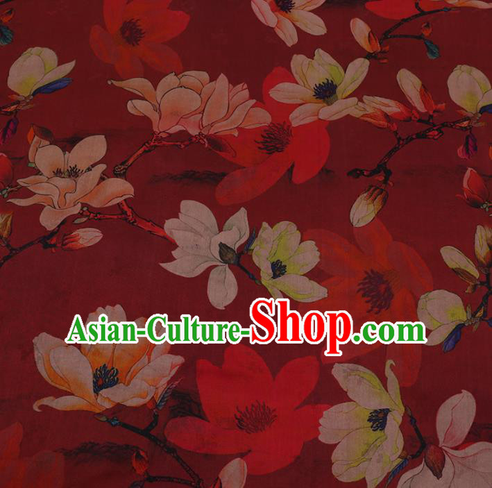 Chinese Classical Red Satin Plain Traditional Yulan Magnolia Pattern Cheongsam Drapery Silk Fabric Gambiered Guangdong Gauze