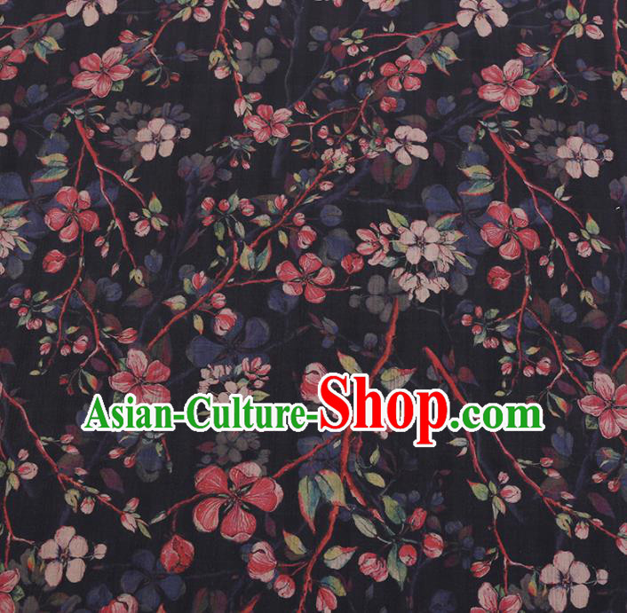 Chinese Classical Black Satin Plain Traditional Peach Blossom Pattern Cheongsam Drapery Silk Fabric Gambiered Guangdong Gauze
