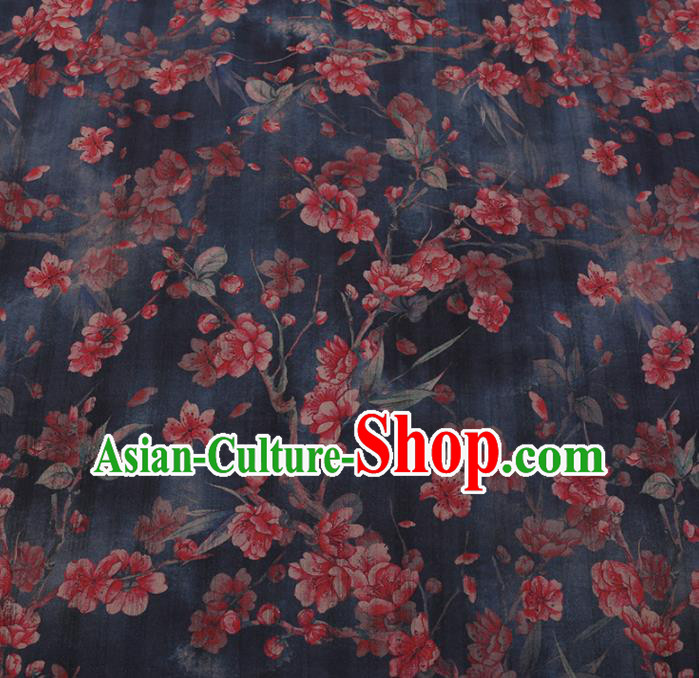 Chinese Classical Navy Satin Plain Traditional Peach Blossom Pattern Cheongsam Drapery Silk Fabric Gambiered Guangdong Gauze