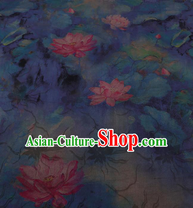 Chinese Classical Blue Silk Fabric Traditional Lotus Pattern Satin Plain Cheongsam Drapery Gambiered Guangdong Gauze