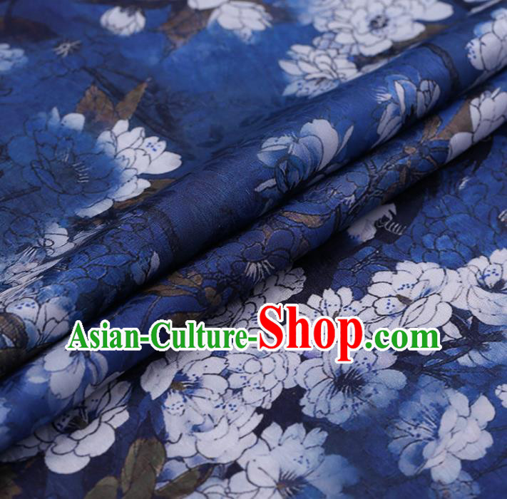 Chinese Classical Blue Silk Fabric Traditional Pear Flowers Pattern Satin Plain Cheongsam Drapery Gambiered Guangdong Gauze