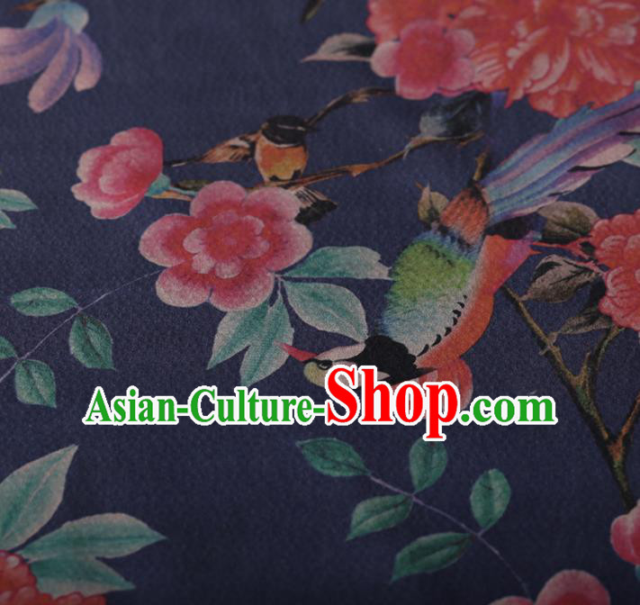 Chinese Traditional Silk Fabric Classical Azalea Pattern Blue Satin Plain Cheongsam Drapery Gambiered Guangdong Gauze