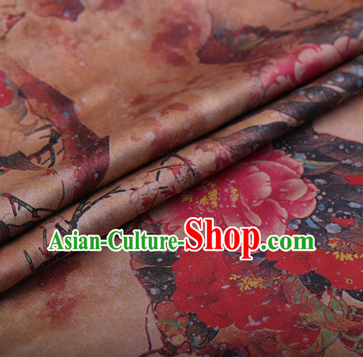 Chinese Traditional Silk Fabric Classical Peony Pattern Khaki Satin Plain Cheongsam Drapery Gambiered Guangdong Gauze