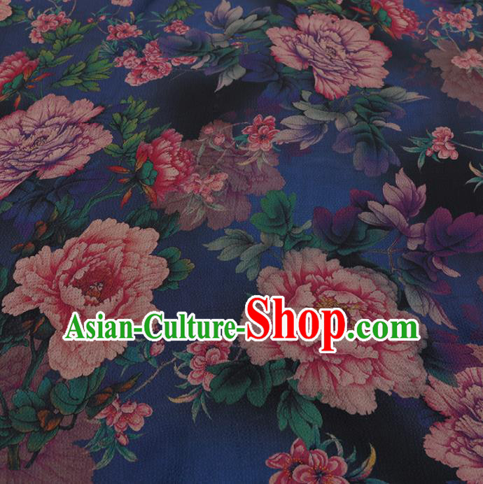 Chinese Classical Blue Silk Fabric Traditional Peony Pattern Satin Plain Cheongsam Drapery Gambiered Guangdong Gauze