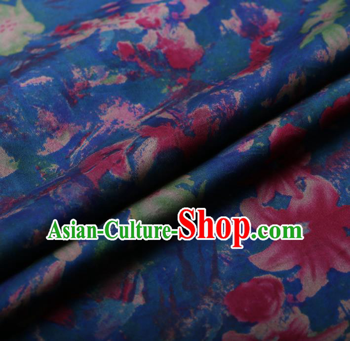 Asian Chinese Silk Fabric Traditional Classical Lily Flowers Pattern Blue Satin Plain Cheongsam Drapery Gambiered Guangdong Gauze