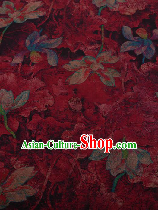 Chinese Traditional Silk Fabric Classical Lotus Pattern Red Satin Plain Cheongsam Drapery Gambiered Guangdong Gauze
