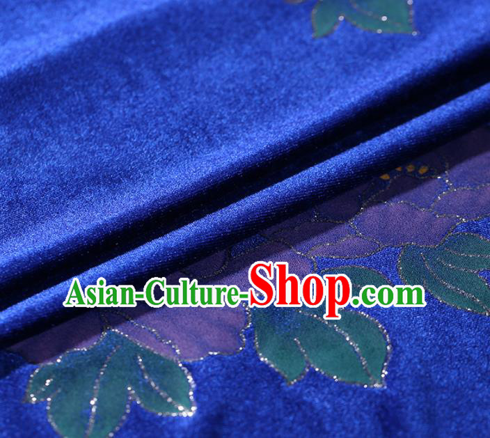 Asian Chinese Blue Velvet Fabric Traditional Classical Peony Pattern Cheongsam Pleuche Drapery Gambiered Guangdong Gauze