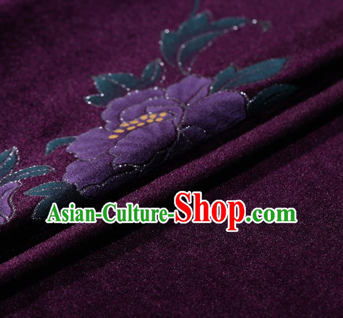 Asian Chinese Purple Velvet Fabric Traditional Classical Peony Pattern Cheongsam Pleuche Drapery Gambiered Guangdong Gauze