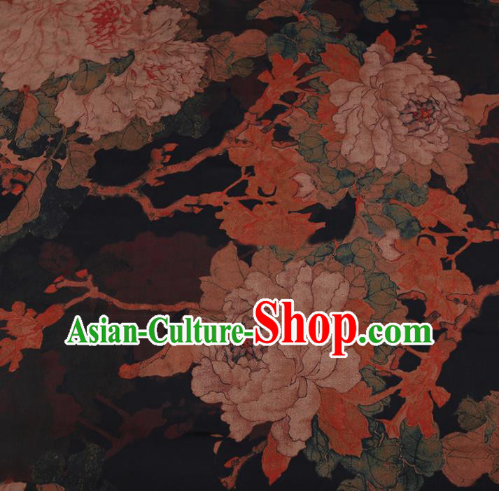 Asian Chinese Traditional Gambiered Guangdong Gauze Black Satin Plain Classical Peony Pattern Cheongsam Silk Drapery