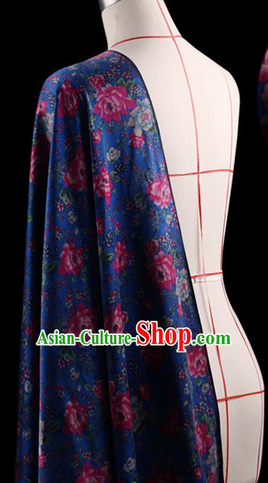 Traditional Chinese Royalblue Gambiered Guangdong Gauze Satin Plain Classical Peony Pattern Cheongsam Silk Drapery