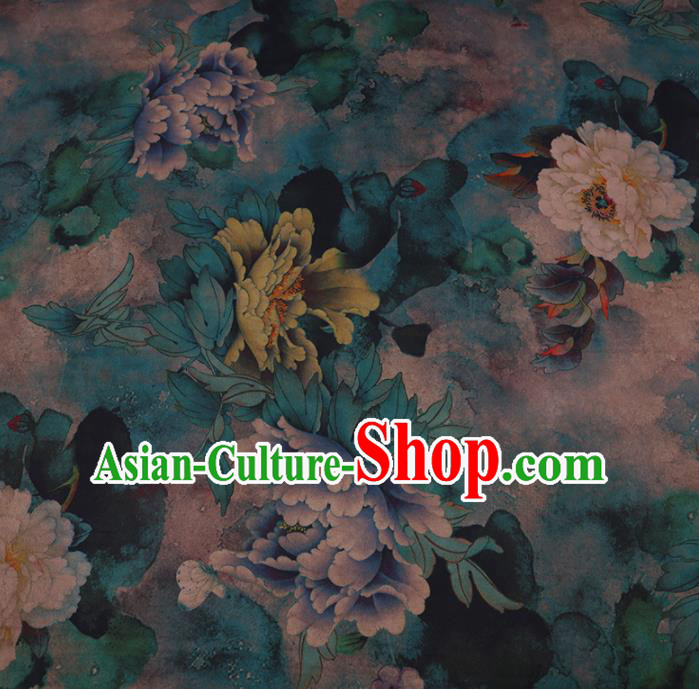 Traditional Chinese Green Gambiered Guangdong Gauze Satin Plain Classical Peony Pattern Cheongsam Silk Drapery