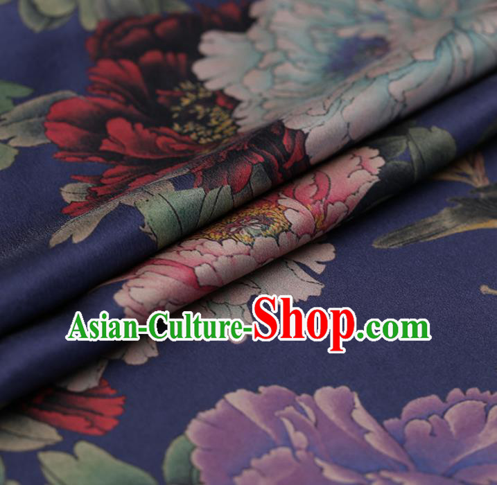 Traditional Chinese Blue Brocade Gambiered Guangdong Gauze Classical Peony Pattern Satin Plain Cheongsam Silk Drapery