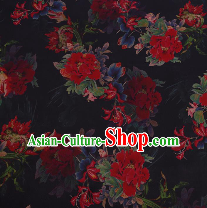 Chinese Traditional Brocade Fabric Palace Peony Pattern Black Satin Plain Cheongsam Silk Drapery