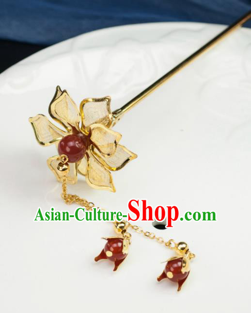 Chinese Traditional Hanfu Hair Accessories Ancient Golden Peony Tassel Hairpins for Women