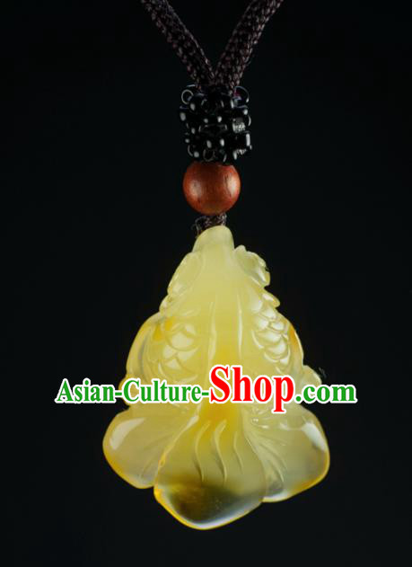 Chinese Traditional Jewelry Accessories Ancient Hanfu Carving Goldfish Chrysophoron Beeswax Necklace for Women