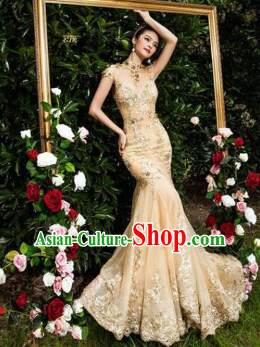 Top Performance Catwalks Costumes Wedding Dress Princess Golden Full Dress for Women