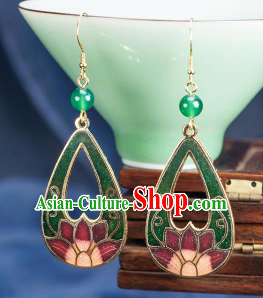 Chinese Traditional Jade Jewelry Accessories Ancient Hanfu Cloisonne Green Lotus Earrings for Women