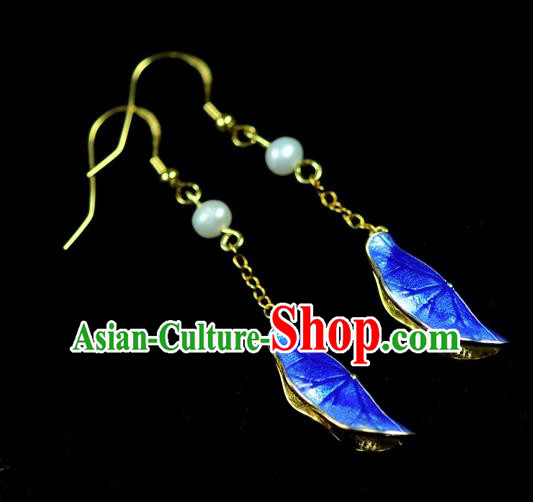 Chinese Traditional Jewelry Accessories Ancient Hanfu Blueing Lotus Leaf Earrings for Women