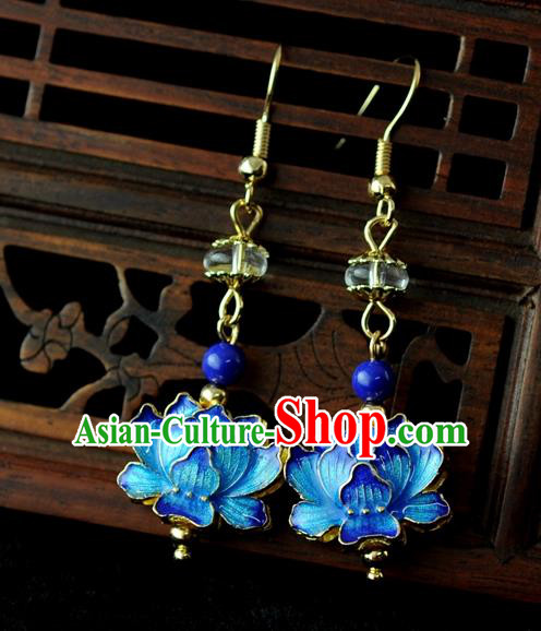 Chinese Traditional Jewelry Accessories Ancient Hanfu Blueing Lotus Earrings for Women
