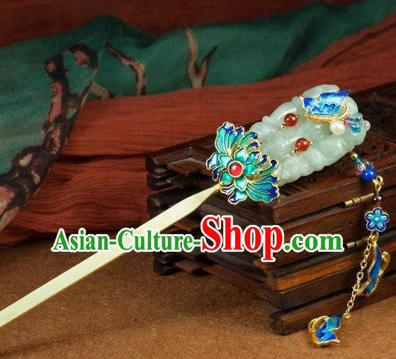 Chinese Traditional Hanfu Blueing Lotus Hair Clip Hair Accessories Ancient Classical Jade Tassel Hairpins for Women