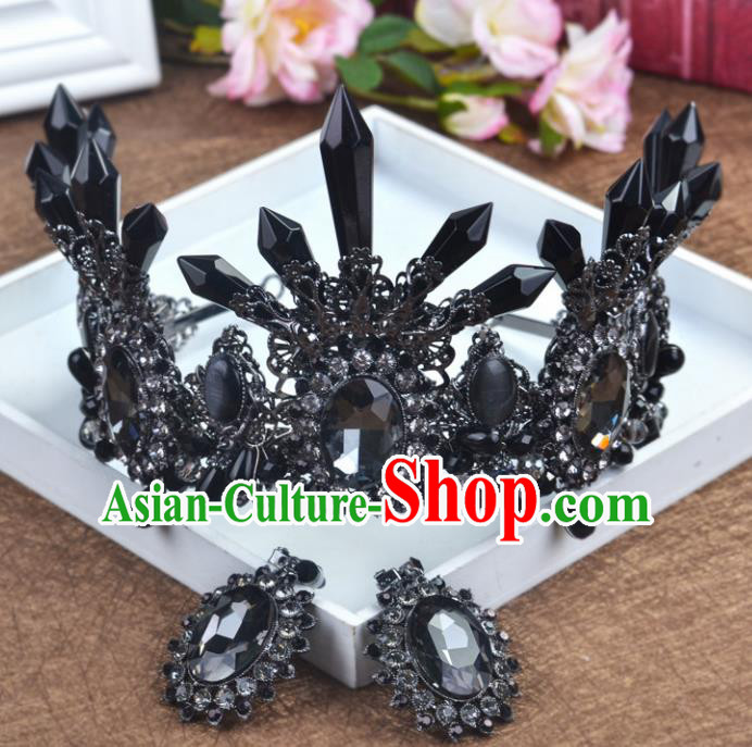 Handmade Bride Hair Accessories Wedding Black Crystal Royal Crown for Women