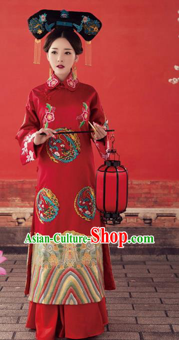 Chinese Traditional Qing Dynasty Historical Dress Ancient Empress Embroidered Costumes and Headpiece Complete Set