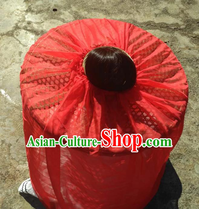 Chinese Traditional Handmade Craft Straw Hat Red Veil Bamboo Hat