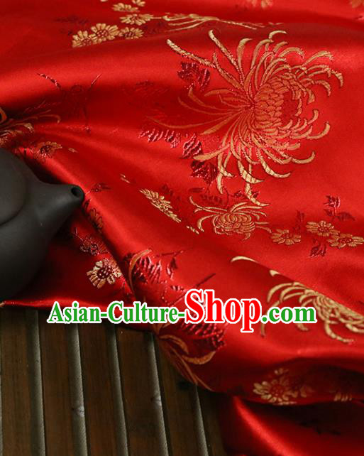 Red Brocade Chinese Traditional Silk Fabric Material Classical Chrysanthemum Pattern Design Satin Drapery