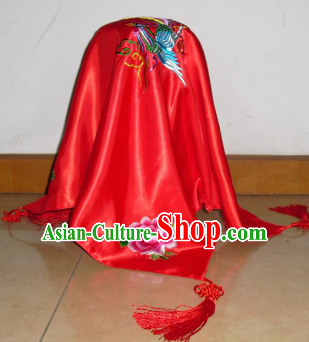 Chinese Traditional Bride Headdress Ancient Wedding Embroidered Phoenix Peony Red Veil Curtain for Women