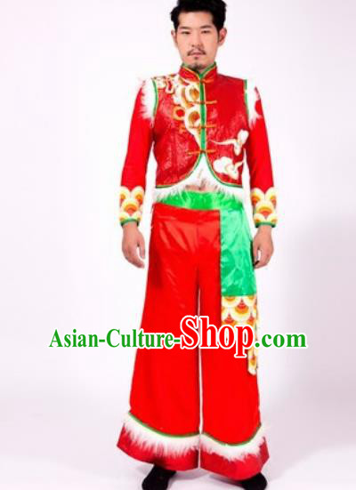 Chinese Traditional Folk Dance Yangko Red Costumes Fan Dance Clothing for Men