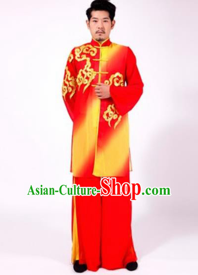 Chinese Traditional Folk Dance Yangko Red Costumes Tai Chi Clothing for Men