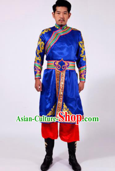Chinese Traditional Folk Dance Costumes Mongolian Minority Blue Clothing for Men