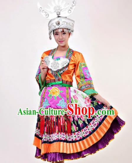Chinese Traditional Miao Ethnic Costumes Hmong Minority Folk Dance Orange Dress for Women