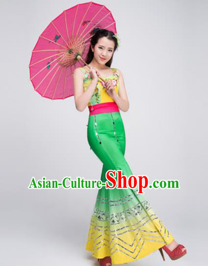 Chinese Traditional Dai Ethnic Costumes Folk Dance Peacock Dance Green Dress for Women