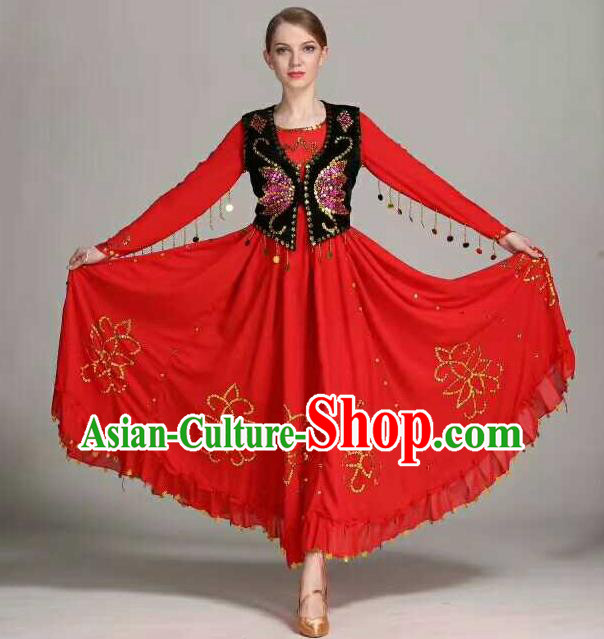 Chinese Traditional Uigurian Ethnic Costumes Uyghur Minority Folk Dance Red Dress for Women