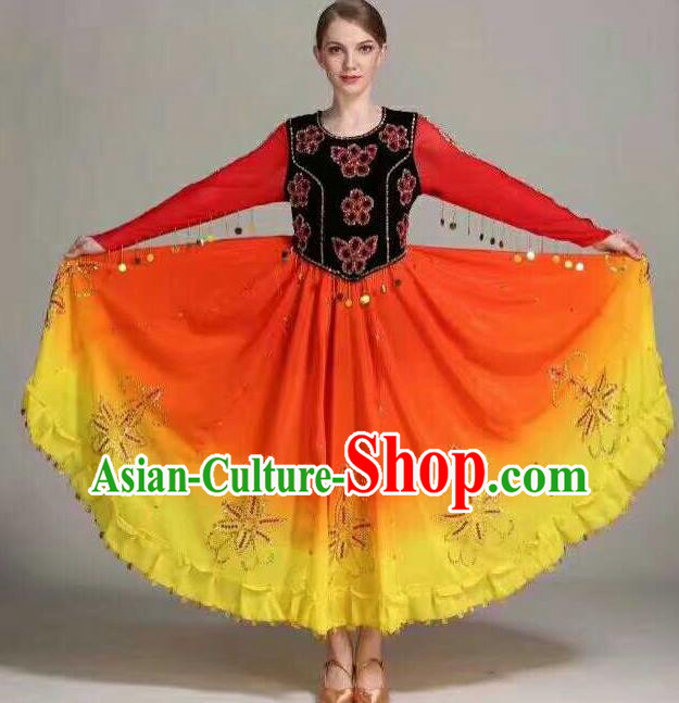 Chinese Traditional Uigurian Ethnic Costumes Uyghur Minority Folk Dance Orange Dress for Women