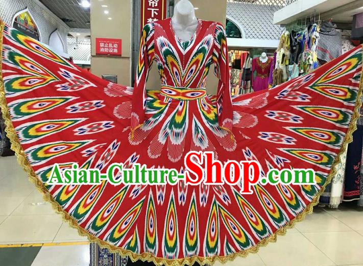 Chinese Traditional Xinjiang Uigurian Ethnic Red Costumes Uyghur Minority Folk Dance Dress for Women