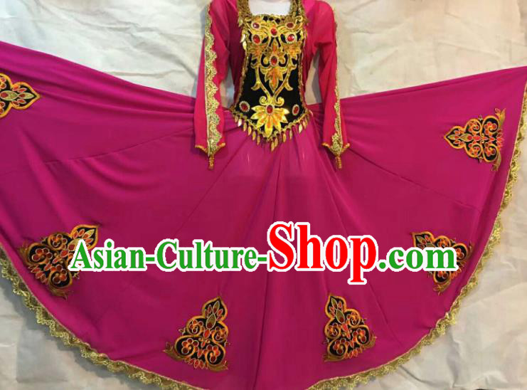 Chinese Traditional Xinjiang Uigurian Ethnic Rosy Costumes Uyghur Minority Folk Dance Dress for Women