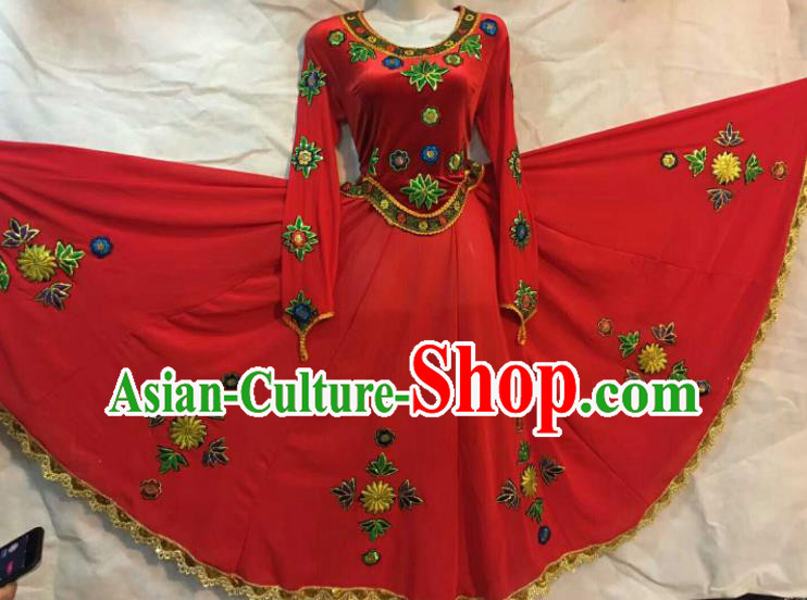 Chinese Traditional Xinjiang Uigurian Ethnic Red Costumes Uyghur Minority Folk Dance Dress for Women